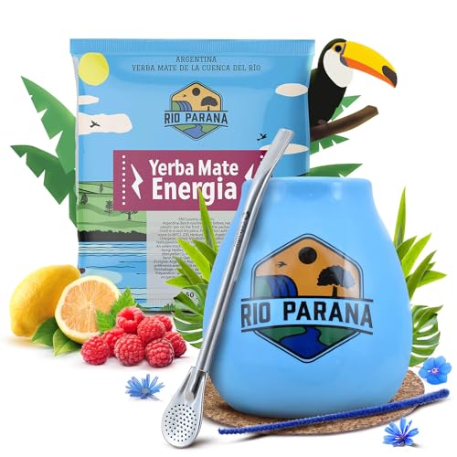 Set von Mate Tee Zubehör mit Probe | Rio Parana Energia | Kalebasse, Bombilla und Zubehör | Argentinische Mate Tee | Natürliches Koffein | 50g von Cebador