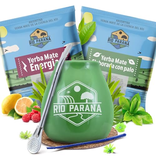 Set von Mate Tee Zubehör mit Proben | Rio Parana Energia und Elaborada con Palo | Kalebasse, Bombilla und Zubehör | Original Mate Tee | Natürliches Koffein | 2x50g von Verde mate