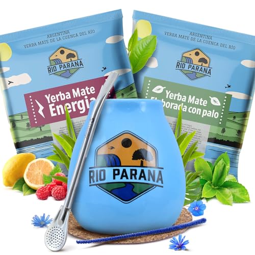 Set von Mate Tee Zubehör mit Proben | Rio Parana Energia und Elaborada con Palo | Kalebasse, Bombilla und Zubehör | Original Mate Tee | Natürliches Koffein | 2x50g von Cebador