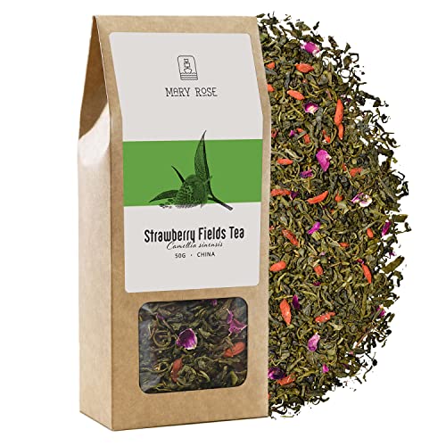 Mary Rose grüner Tee Strawberry Fields | Grüner Tee aus China | Yunnan | Erdbeere und Goji-Beeren | Natürliche Früchte-Zusätze | Quelle des Theins | Natürliche Arnegung | 50g von Mary Rose
