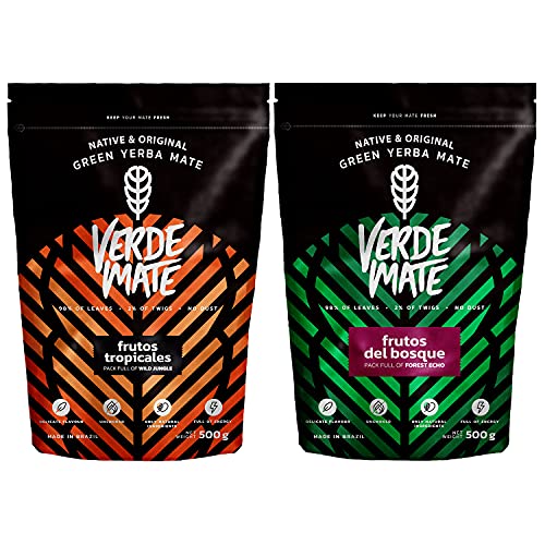 2 x 500 g Grüner Mate Tee mit Früchten| Exotischer Mate Tee Verde Mate Frutos Tropicales | Milder Mate Tee Verde Mate Frutos del Bosque | Viel Koffein | Natürliche Zusammensetzung von Verde mate