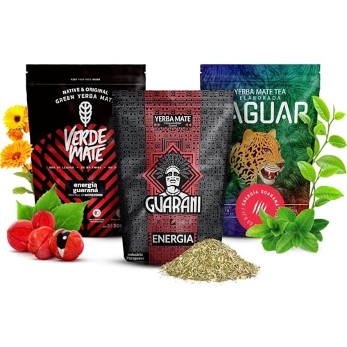 3 x 500 g Mate Tee mit Guarana| Anregender Mate Tee Verde Mate Green Energia 500 g| Reich an Koffein Guarani Energia 500 g| Anregender Mate Tee Yaguar Energia 500 g| Für Anfänger und Fortgeschrittene von Verde mate