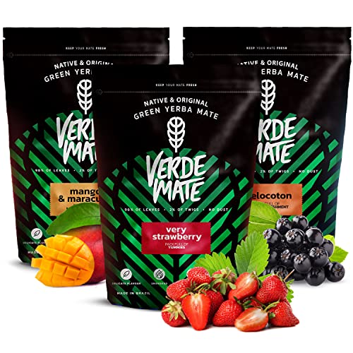 Fruchtiges Yerba Mate Set | Yerba Mate mit Früchten | Verde Mate Green Mango & Maracuya, Melocoton, Very Strawberry | Brasilianische Yerba Mate grün | Milder Geschmack | 3x500g von Verde mate