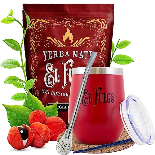 Mate-Tee-Set mit Zubehör | TermoLid mit El Fuego-Logo, Bombilla, Zubehör | Thermal Kalebasse für Mate Tee | Mate Tee El Fuego Energia Guarana 500g | Natürliches Koffein | 0,5kg von Verde mate