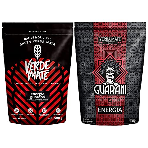 Mega Set des Mate Tees mit Guarana 2 x 500 g | Brasilianischer Mate Tee Verde Mate Green Energia 500 g| Reich an Koffein Guarani Energia 500 g | Starke Anregung| Für Anfänger und Fortgeschrittene von Verde mate