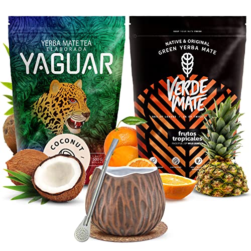 Set Mate Tee mit Mate Becher | Mate Tee tropische Geschmacksvarianten| Yaguar Coconut | Verde Mate Green Frutos Tropicales | Keramischer Mate Becher | Brasilianischer Mate Tee | 2x500g von Verde mate