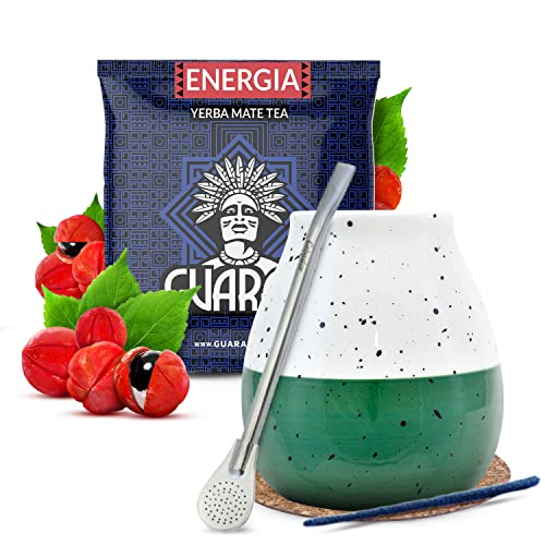 Set Zubehör für Mate Tee mit Probe 50g | Guarani | Mate Becher, Bombilla | Guarana | Paraguayischer Mate Tee | Intensiv | Natürliches Koffein | 50g von Verde mate