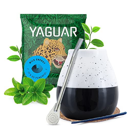 Set Zubehör für Mate Tee mit Probe 50g | Yaguar | Mate Becher, Bombilla | Anregung | Gereifter Mate Tee aus Brasilien | Mild | Natürliches Koffein | 50g von Verde mate