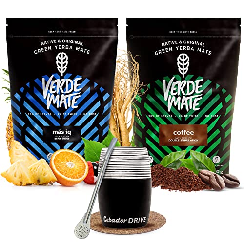 Set anregender Mate Tee mit Mate Becher Drive | Mate Tee, Anregung und Kaffee | Verde Mate Green Mas IQ, Coffee | Mate Becher Drive | Brasilianischer grüner Mate Tee | 2x500g von Cebador