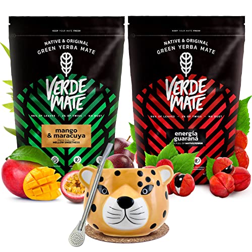 Set anregender Mate Tee mit Mate Becher | Mate Tee mit Guarana und Früchten| Verde Mate Green Energia Guarana, Mango & Maracuya | Keramischer Mate Becher | 2x500g von Verde mate