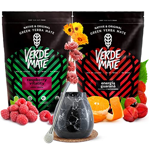 Set anregender Mate Tee mit Mate Becher | Mate Tee mit Guarana und Früchten | Verde Mate Green Energia Guarana, Raspberry Vitality | Keramischer Mate Becher | Brasilianischer Grüner Mate Tee | 2x500g von Cebador