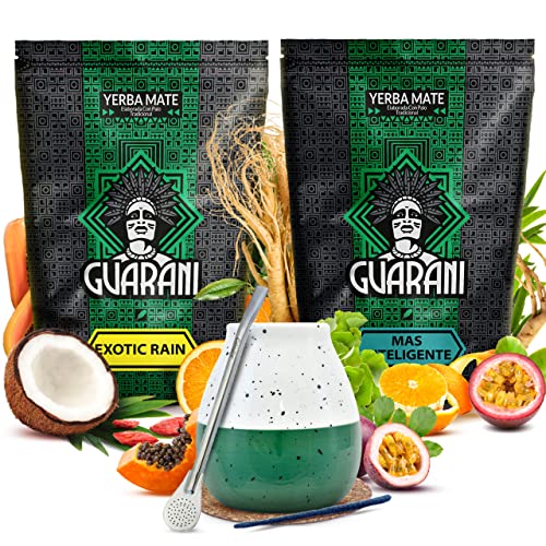 Set anregender Mate Tee mit Zubehör | Zweierpack Mate Tee | Guarani | Guarana, Ginseng, tropische Früchte | Paraguayischer Mate Tee | Intensiv | Natürliches Koffein | 2x500g | 1kg von Verde mate