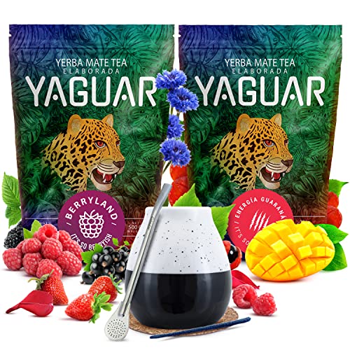 Set anregender Mate Tee mit Zubehör | Zweierpack Mate Tee | Yaguar | Guarana, Waldfrüchte | Gereifter Mate Tee aus Brasilien | Mild | Natürliches Koffein | 2x500g | 1kg von Verde mate