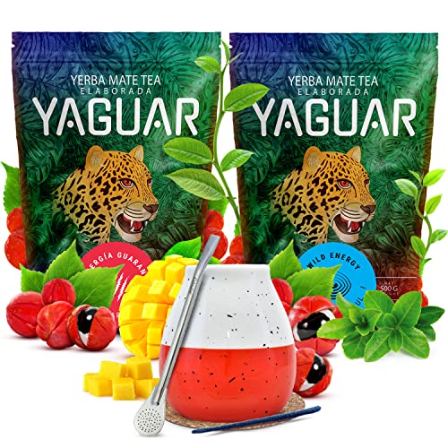 Set anregender Mate Tee mit Zubehör| Zweierpack Mate Tee | Yaguar | Guarana | Gereifter Mate Tee aus Brasilien | Mild |Natürliches Koffein | 2x500g | 1kg von Verde mate