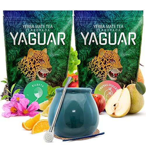 Set fruchtiger & Kräuter-Mate Tee mit Zubehör | Zweierpack Mate Tee | Yaguar | Minze, Lapacho, Zistrose, Apfel, Papaya | Gereifter Mate Tee aus Brasilien | Mild | Natürliches Koffein | 2x500g | 1kg von Verde mate
