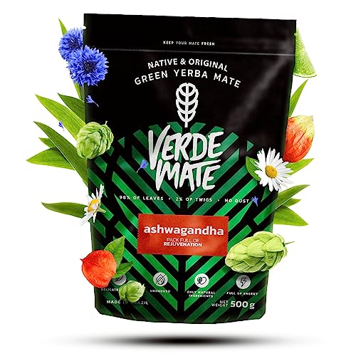 Verde Mate Green Ashwagandha 0,5kg | Kräuter-Mate Tee mit Ashwagandha | Indischer Ginseng | Jasmin, Hopfen, Kamille, Kornblumenblütenblätter | Zitronengras, Zitronenverbene | Mate Tee aus Brasilien von Verde mate