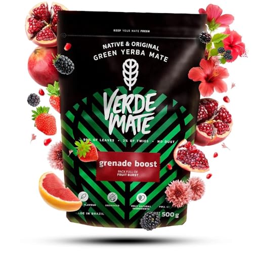 Verde Mate Green Grenade Boost 0,5kg | Fruchtige Mate Tee | Mate Tee, Granatapfelkerne, Erdbeere, Guarana, Acerola | Natürliche Stimulation | Brasilianische Mate Tee | 500g von Verde mate