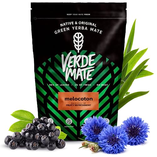 Verde Mate Green Melocoton 0,5kg| Kräuter-Früchte-Mate Tee mit Pfirsich| Apfelbeere, Brombeere,Pfirsich| Zitronengras, Kornblumenblütenblätter| Natürliche Zusätze | Brasilianischer Mate Tee |500 g von Verde mate