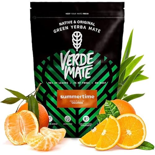 Verde Mate Green Summertime 500 g | Limitierte Geschmacksvariante| Nur natürliche Zusätze | Brasilianischer Tee Mate Tee| in kalter und warmer Form| Perfekt für Anfänger von Verde mate