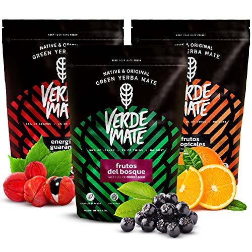 Verde mate x 500 g Grüner Mate Tee mit Früchten| Anregender Verde Energia | Exotischer Frutos Tropicales | Milder del Bosque von Verde mate