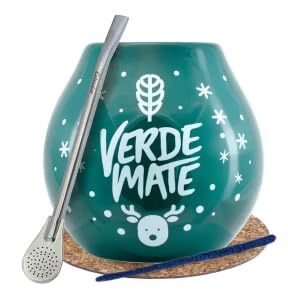 Weihnachtliches Mate Tee Zubehörset | Keramikkalebasse mit Verde Mate Logo - Winter Time, Bombilla, Reiniger, Korkpad | Mate Tee Kalebasse von Verde mate