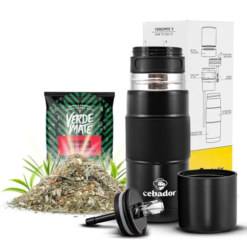 Yerba-Mate-Set – Yerbomos X Schwarz 450ml + Probe Verde Mate Green Energía Guaraná 50g – 3-in-1-Thermosflasche – Perfekt für unterwegs von Verde mate