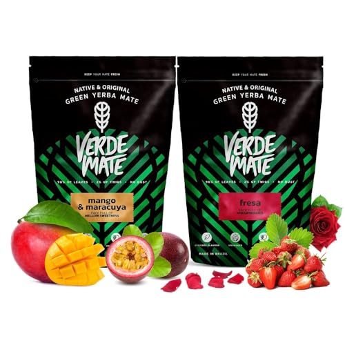 Set Mate Tee mit Früchten| Zweierpack Mate Tee | Mango, Maracuja, Erdbeere | Grüner Mate Tee aus Brasilien | Tee Mate Tee | Milder Geschmack | Natürliches Koffein | 2x500g | 1kg von Verde mate