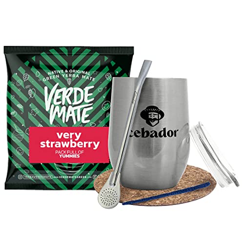 Yerba Mate Set mit Silver TermoLid Gourd Cebador + Bombilla + Zubehör + Verde Mate Green Very Strawberry Probe 50g | Yerba Mate, Erdbeere, Zitronengras, Rosenblätter von Verde mate