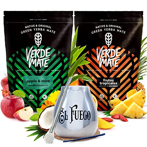 Yerba Mate Set mit Zubehör - Fruchtige Mischung | Zweierpack Yerba Mate | Verde Mate Green | Apfel, Minze, tropische Früchte | Brasilianische grüne Yerba Mate | Natürliches Koffein | 2x500g | 1kg von Verde mate