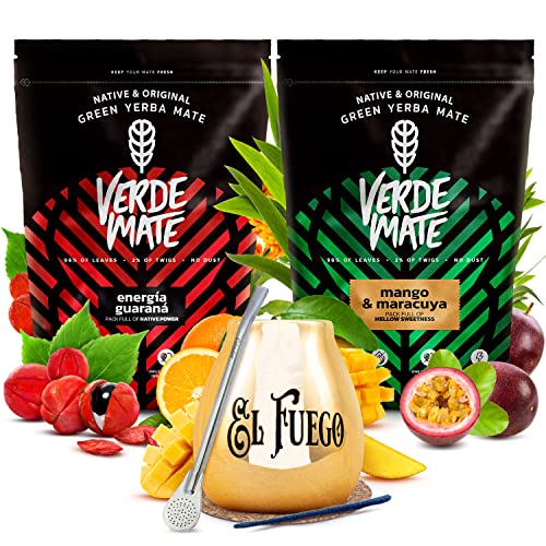 Yerba Mate Set mit Zubehör - anregend | Zweierpack Yerba Mate | Verde Mate Green | Guarana, Goji-Beeren, Mango | Brasilianische grüne Yerba Mate | Mild | Natürliches Koffein | 2x500g | 1kg von Verde mate