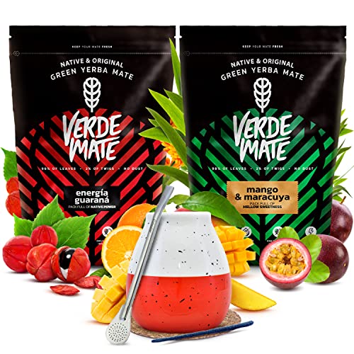 Set anregender Mate Tee mit Zubehör | Zweierpack Mate Tee | Verde Mate Green | Guarana, Goji-Beeren, Mango| Grüner Mate Tee aus Brasilien | Mild | Natürliches Koffein | 2x500g | 1kg von Verde mate