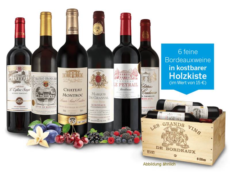 Weingeschenk Bordeaux-Rotweine in Holzkiste von ebrosia