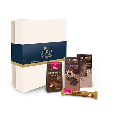 Geschenkbox mit Schokolade, Nougat und Pralinen (But first Coffee) von Viba