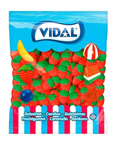 Vidal Wilde Erdbeere, Gummikaramell mit Geschmack und Erdbeerform, Grün und Rot, Beutel 1,5 kg von Vidal