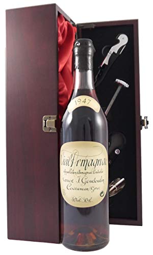 Vieil Bas Veuve J Goudoulin Vintage Armagnac 1947 (70cl) in einer mit Seide ausgestatetten Geschenkbox. Da zu vier Wein Zubehör, Korkenzieher, Giesser, Kapselabschneider,Weinthermometer, 1 x 700ml von Vieil Bas Veuve J