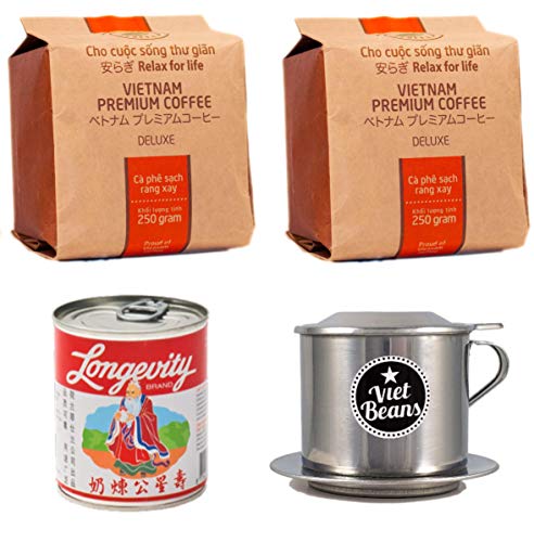 Vietnamesisches Kaffee Starterset Hello5-2 x 250g + Filter (Phin) + gez. Kondensmilch - Hochwertige Kaffeebohnen aus dem Hochland von Da Lat Vietnam von VietBeans