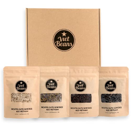 VietBeans Pfeffer Set Geschenkset - Vier verschiedene Sorten - Schwarzer, bunter, weißer und Inselpfeffer - Ganze Pfefferkörner für die Pfeffermühle - Geschenkverpackung von VietBeans