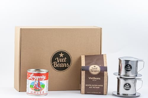 VietBeans Vietnamesisches Kaffee Set "Frühstück zu zweit" - 250g gemahlener Röstkaffee 100% Arabica + 2 x Edelstahlfilter (Phin) + gez. Kondensmilch von VietBeans