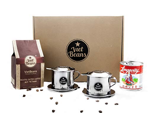 VietBeans Geschenkset "Frühstück zu zweit" Kaffeegeschenk - 250g gemahlener Traditional + 2 x Edelstahlfilter (Phin) + gez. Kondensmilch - Kaffee Geschenk - Geschenk für Kaffeeliebhaber von VietBeans