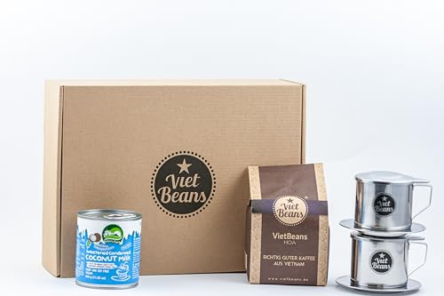 VietBeans Vietnamesisches Kaffee Starterset "Frühstück zu zweit" - 250g gemahlener Röstkaffee + 2 x Edelstahlfilter (Phin) + gez. Kondensmilch (HOA (vegan)) von VietBeans