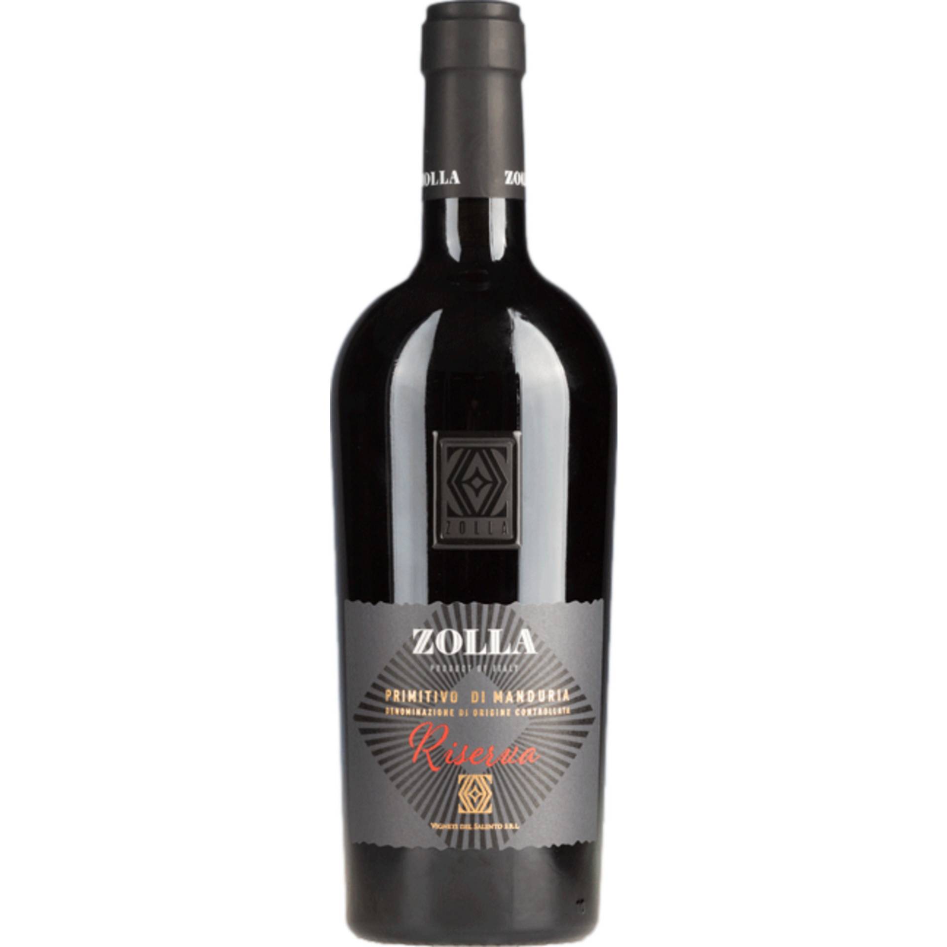 Zolla Primitivo di Manduria Riserva, Primitivo di Manduria DOC, Apulien, 2018, Rotwein von Vignete del Salento, Via Vigne, 84040 Velina, Italien