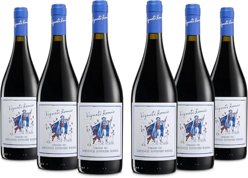 Vigneti Romio Rotwein Sangiovese Superiore Riserva Romagna DOC, Abgerundeter Geschmack mit Typischen Kirsch- und Brombeernoten, 14 % Vol., Karton mit 6 Flaschen mit jeweils 750 ml von Vigneti Romio