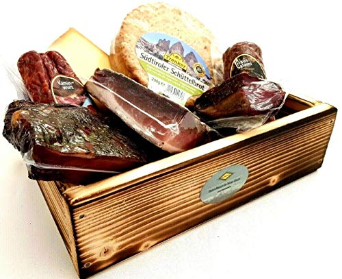 BAVAREGOLA Südtirol Geschenkekiste mit 7 Südtiroler Spezialitäten - Präsentkorb gefüllt mit Speck, Käse, Salami - Genuss Geschenk für Männer & Frauen von BAVAREGOLA