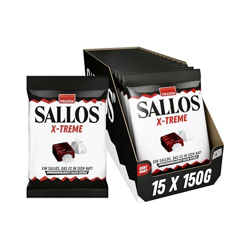 SALLOS X-treme Vorrats-Pack – Lakritz-Bonbons mit Salmiaksalz-Füllung, aus natürlichem Süßholzsaft, würzig-salzige Lakritz-Kombination, vegan, im Vorrats-Pack, 15 x 150 g von SALLOS