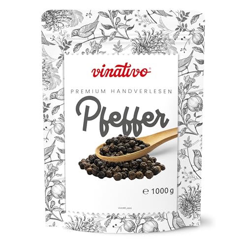 vinativo Schwarzer Pfeffer - ganz - 1kg - Premium Qualität - schwarze Pfefferkörner für die Mühle geeignet von vinativo