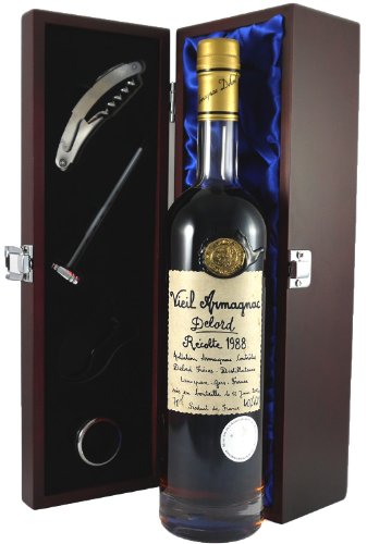Delord Freres Bas Vintage Armagnac 1988 (70cl) in einer mit Seide ausgestatetten Geschenkbox, da zu 4 Weinaccessoires, 1 x 700ml von Vintagewinegifts