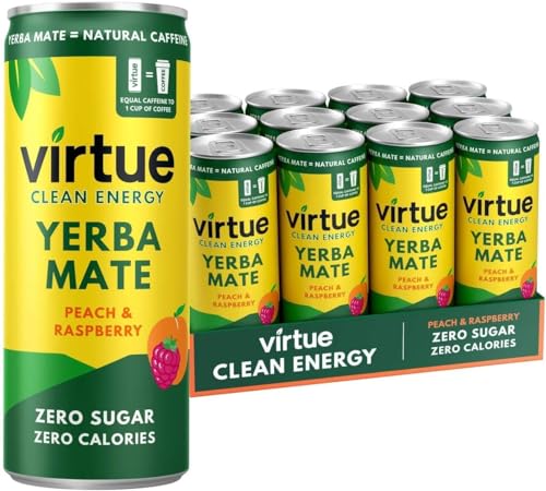 Virtue Yerba Mate Energy Drink | Natürlich, Zuckerfrei & Ohne Kalorien | Vegan, Ketogen, Glutenfrei, Vitamin B | 12x250ml (Pfirsich & Himbeere) von Virtue