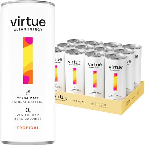 Virtue Clean Energy Drink – Natural Energy Drink, Zuckerfrei & Zero Kalorien, Vegan, Ketogen, Glutenfrei, Vitamin B (Tropische Früchte, 12 x 250ml) von Virtue