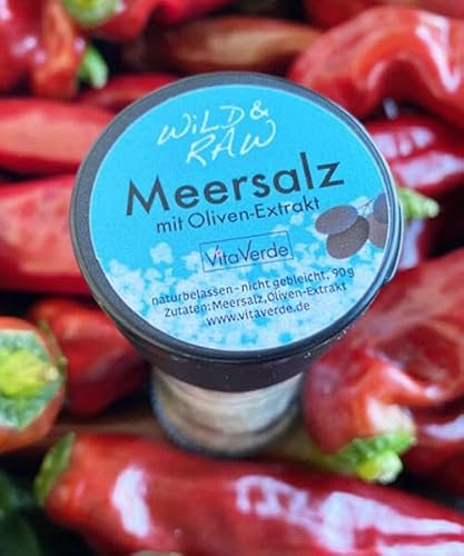 Wild and Raw Meersalz mit Olivenextrakten, 90 g in der Glas-Mühle von Vita Verde