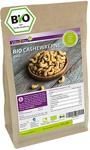 Vita2You Cashewkerne Bio 1000g - naturbelassen - aus biologischen Anbau - ganze cashewnüsse - Premium Qualität von Vita2You